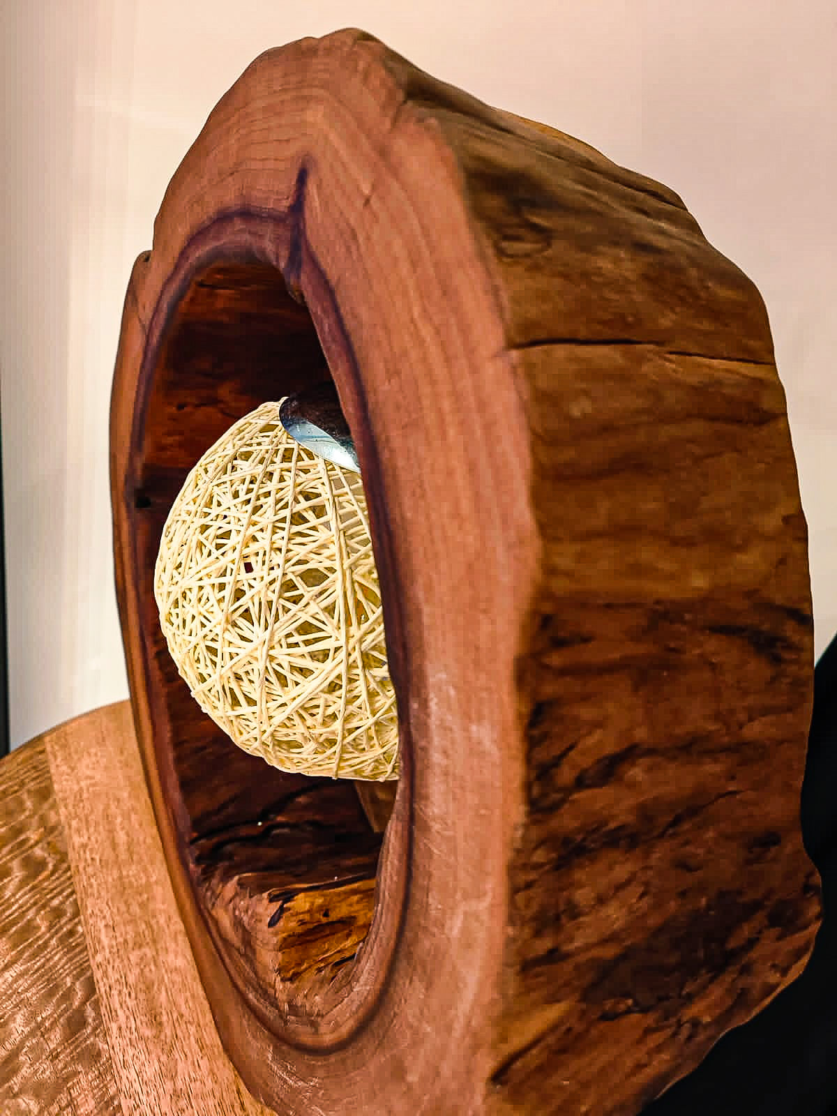 Radiate Warmth and Style: Rustic Camphor Wood Lamp with Flickering Fire Effect LED.