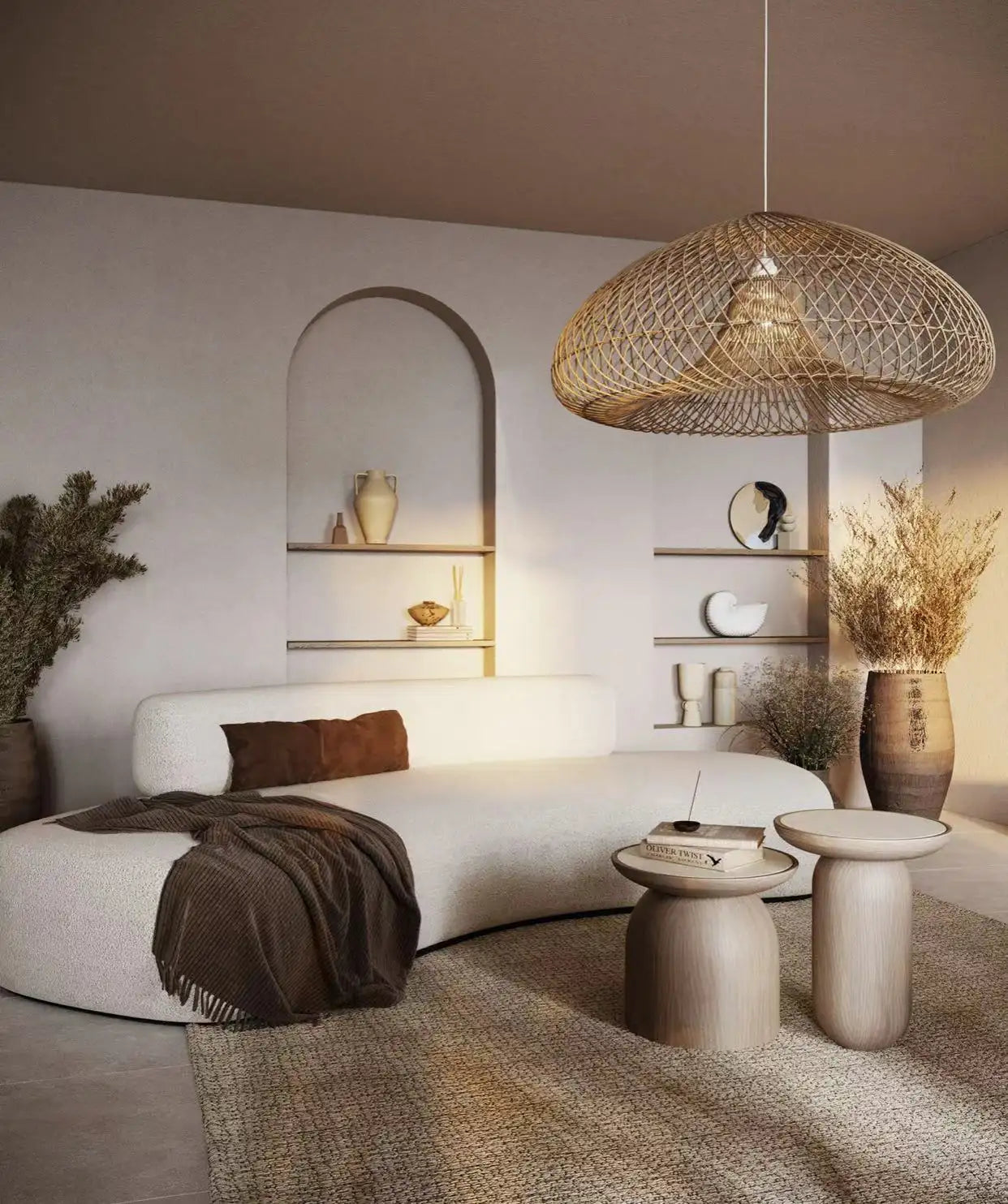 مجموعة من طاولتين جانبيتين من الخشب الطبيعي الصلب لغرفة المعيشة الحديثة.