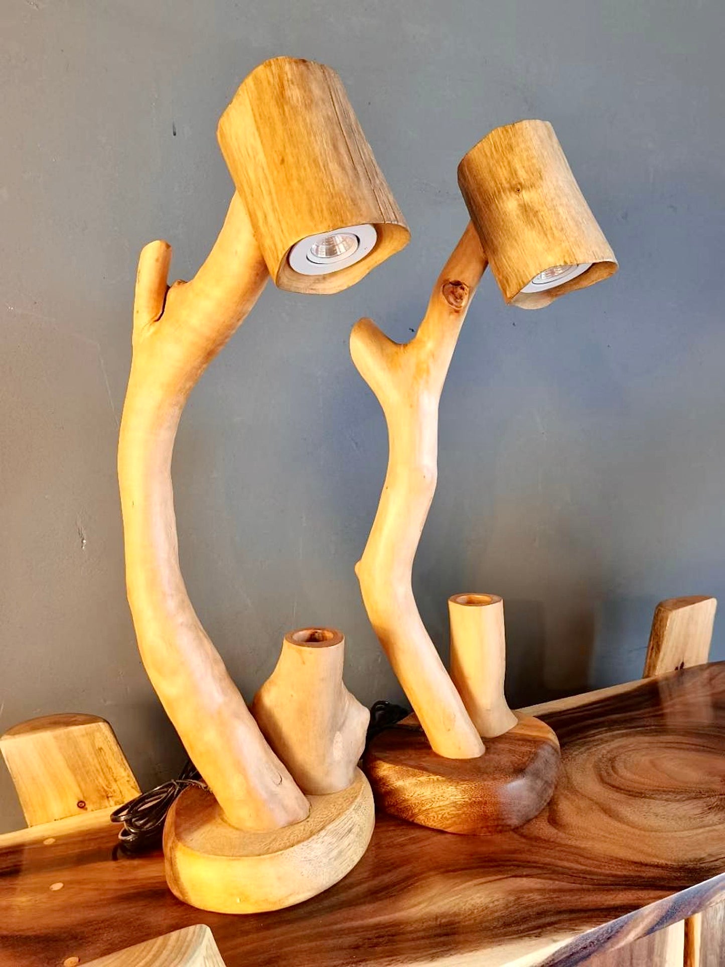 Eco-Friendly Illumination: Handmade Wooden Lamp with Old-World Globe Bulb.