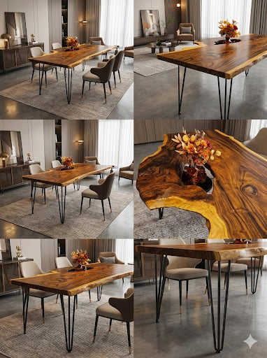 Exotic Live Edge Solid Wood Table with metal legs perfect for home decor.