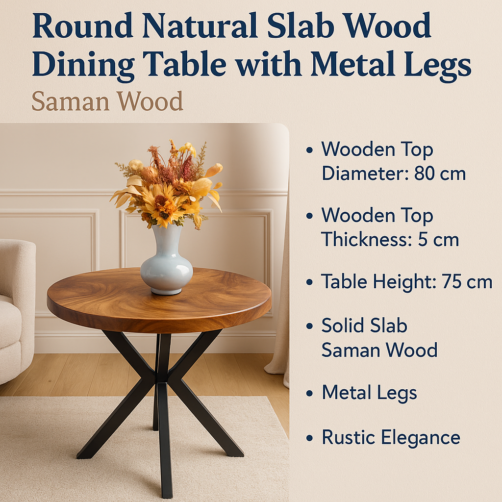 Limited time sale on the Slice Slab Walnut/Saman Tree Natural Wooden Dining Table Featuring Metal Legs: Elevate Your Room's Aesthetic with Elegant Rustic Style Furniture
