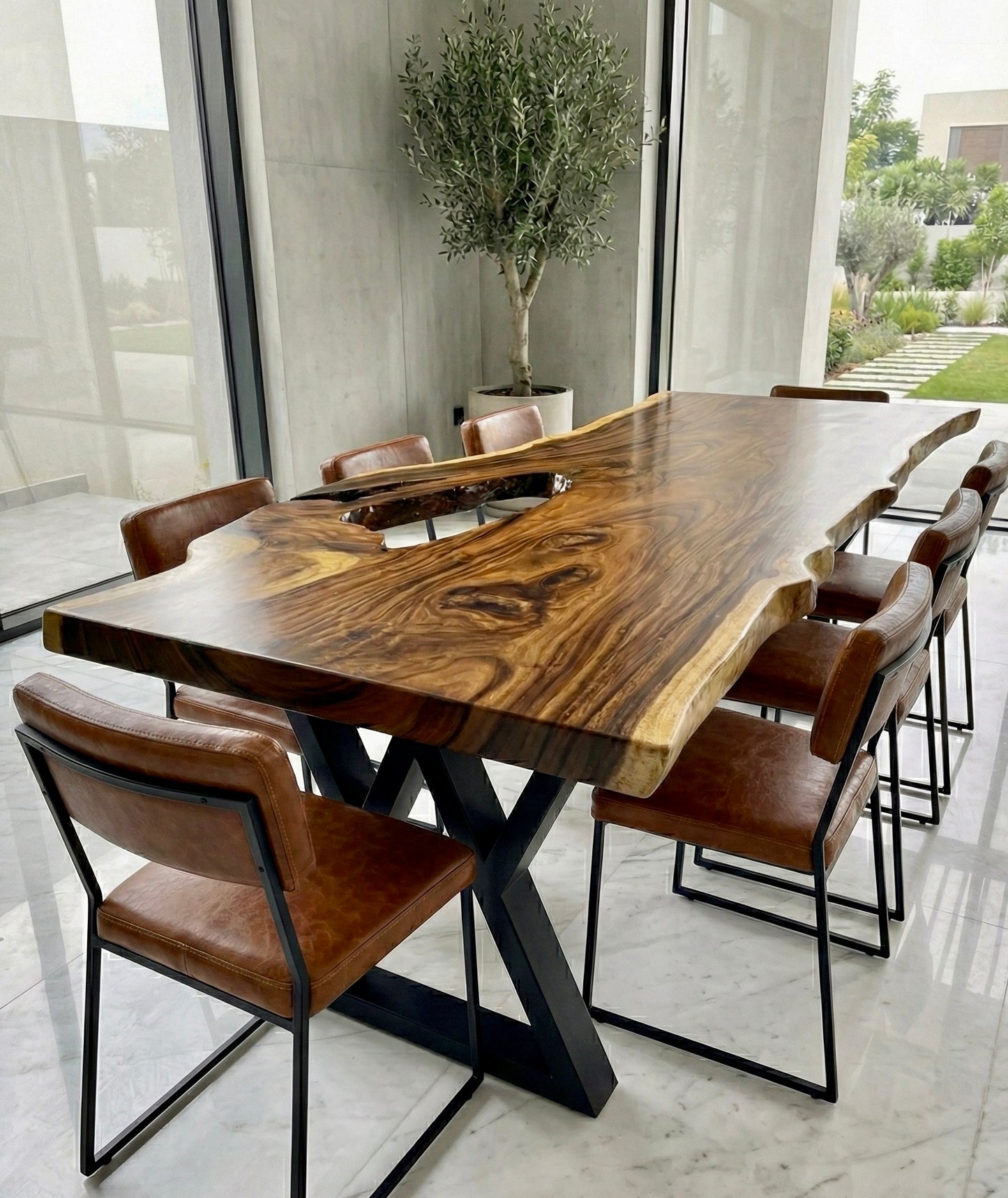 Exotic Live Edge Solid Wood Table with metal legs perfect for home decor.