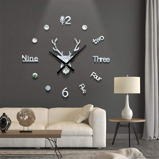 Large Quartz Wall Clock with Art Decal Sticker, Mirrored Wall Decor.