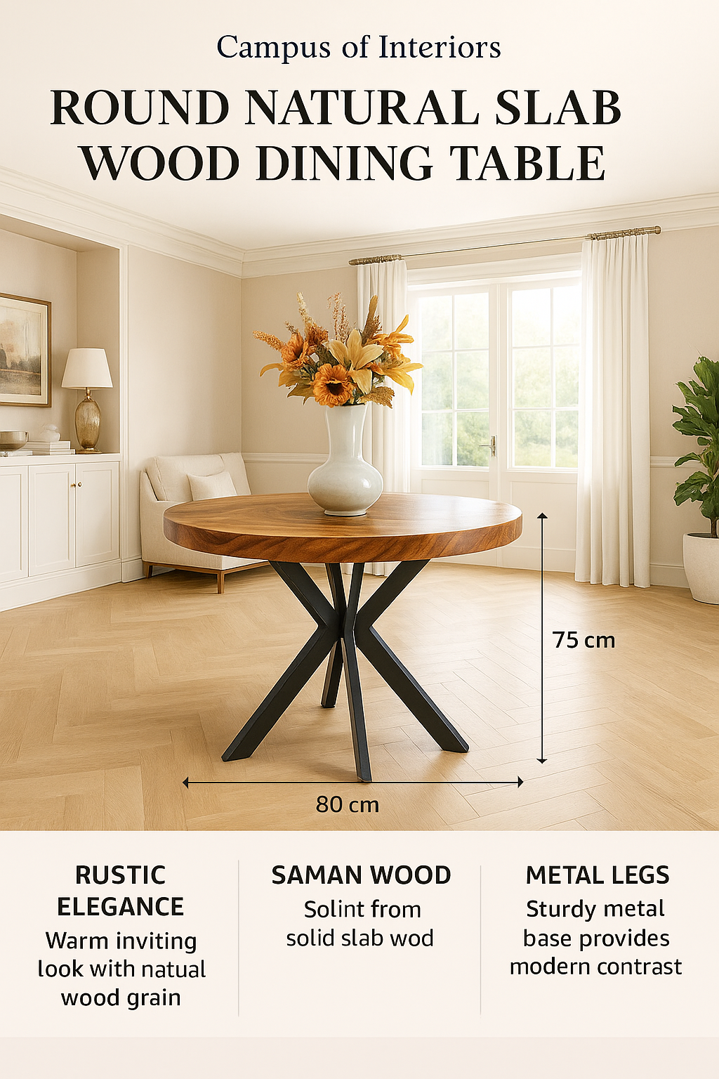 Limited time sale on the Slice Slab Walnut/Saman Tree Natural Wooden Dining Table Featuring Metal Legs: Elevate Your Room's Aesthetic with Elegant Rustic Style Furniture