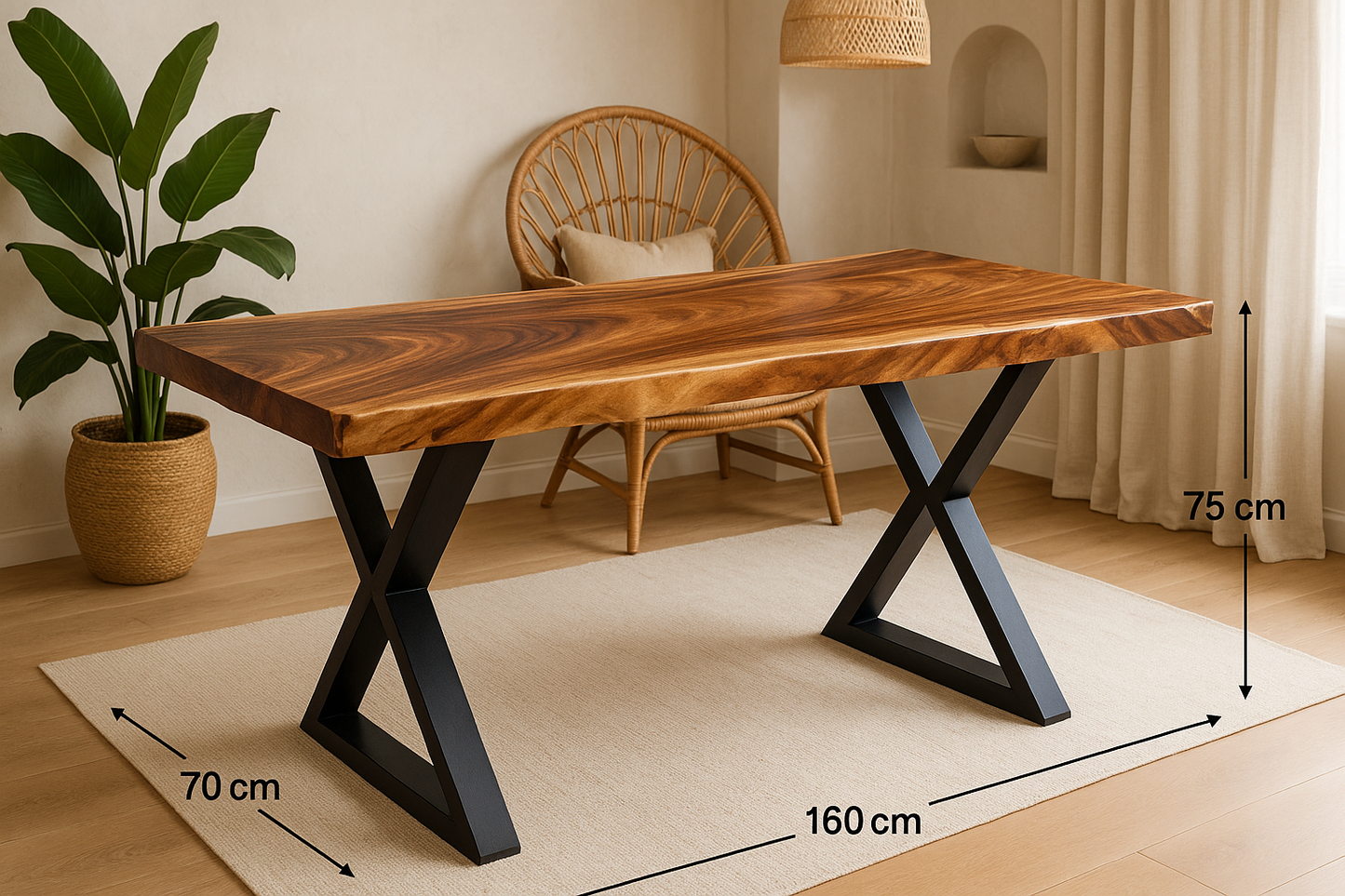 Limited time sale on the Large Live Edge Natural Wood Dining Table - Walnut Wood with PU Finish, Black Metal Legs - Ideal for Home or Restaurant