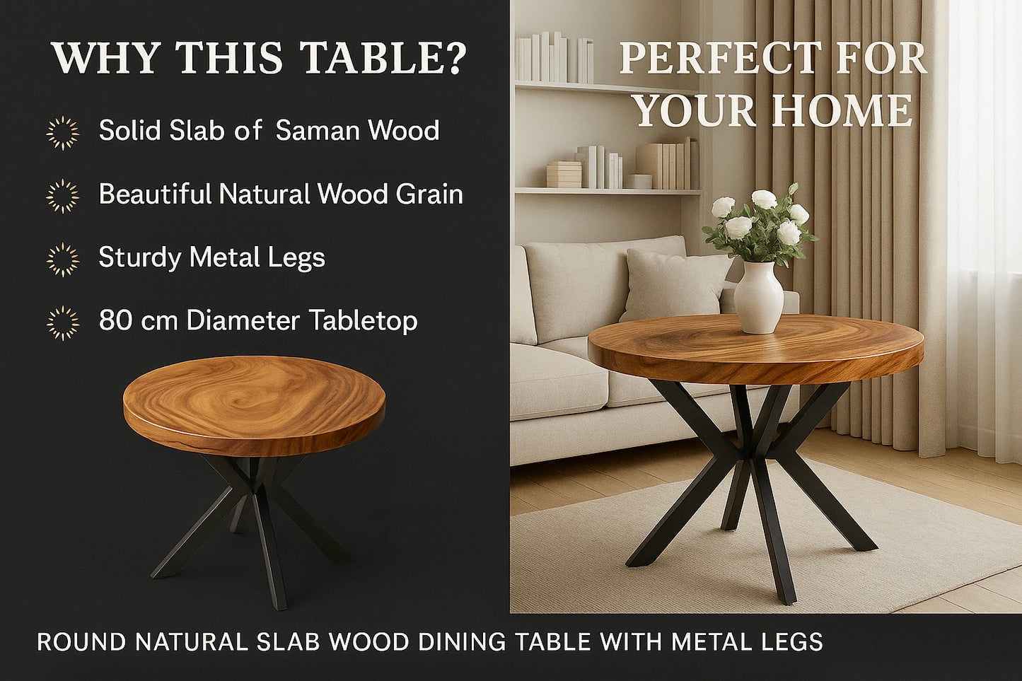 Limited time sale on the Slice Slab Walnut/Saman Tree Natural Wooden Dining Table Featuring Metal Legs: Elevate Your Room's Aesthetic with Elegant Rustic Style Furniture