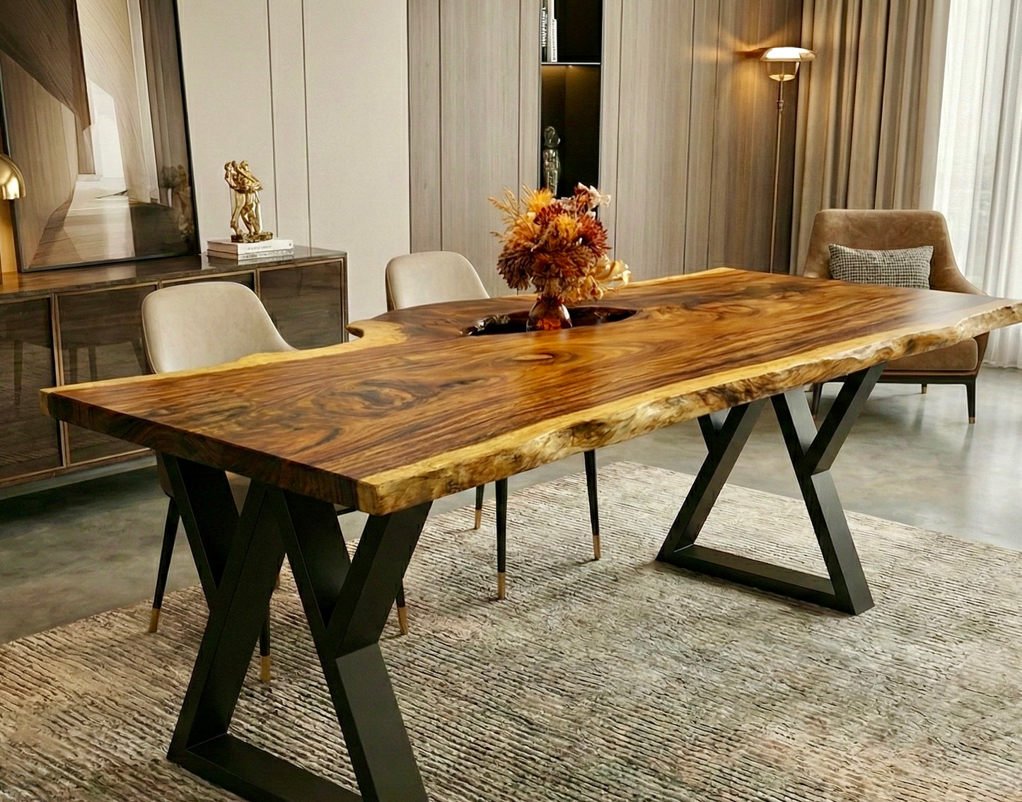 Exotic Live Edge Solid Wood Table with metal legs perfect for home decor.