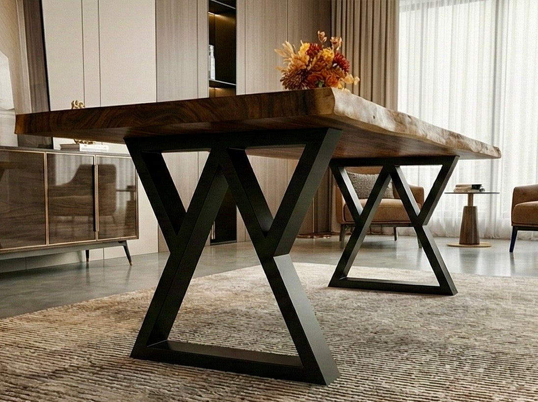 Exotic Live Edge Solid Wood Table with metal legs perfect for home decor.