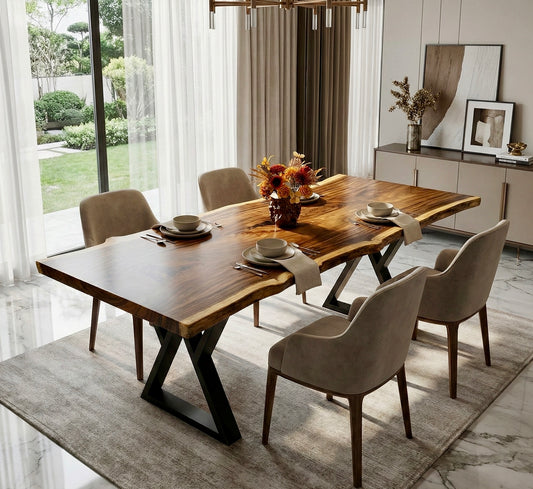 Exotic Live Edge Solid Wood Table with metal legs perfect for home decor.