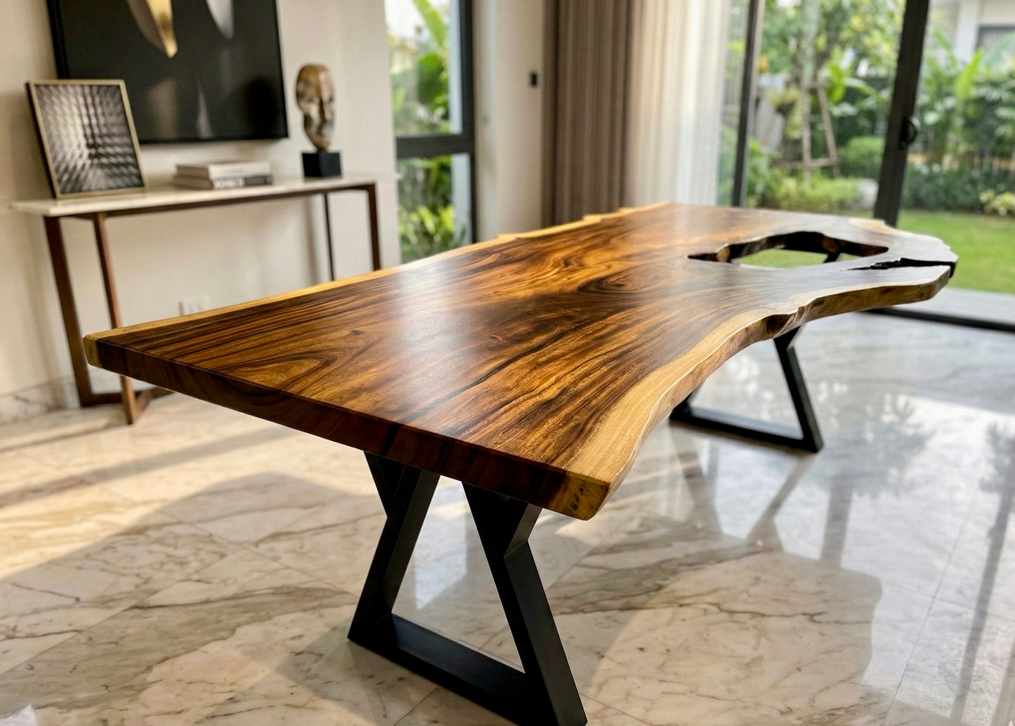 Exotic Live Edge Solid Wood Table with metal legs perfect for home decor.