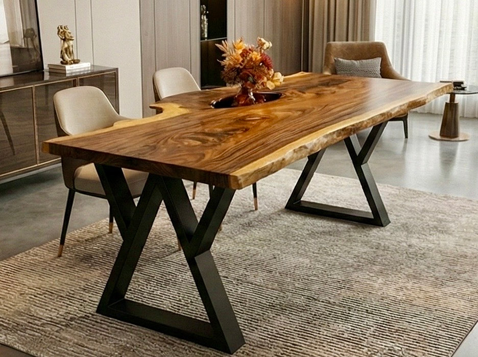 Exotic Live Edge Solid Wood Table with metal legs perfect for home decor.