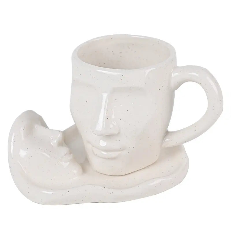 3D Face Sculpture Ceramic Coffee Cup Saucer Creative Handmade  Cup.