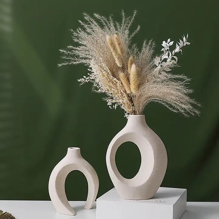 Set of  ceramic vases, a perfect match for displaying natural dried pampas grass and flowers in a Nordic-inspired modern home decor style.