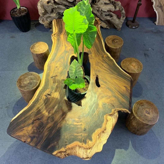 Exotic Live Edge Solid Wood Table with metal legs perfect for home decor.