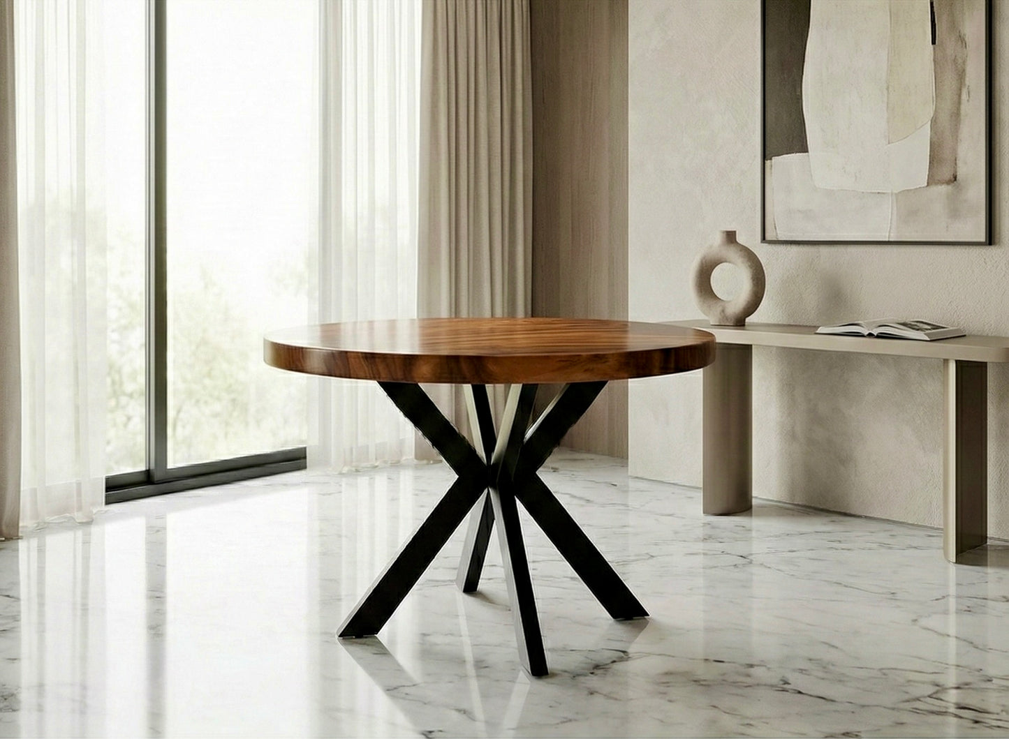 Limited time sale on the Slice Slab Walnut/Saman Tree Natural Wooden Dining Table Featuring Metal Legs: Elevate Your Room's Aesthetic with Elegant Rustic Style Furniture