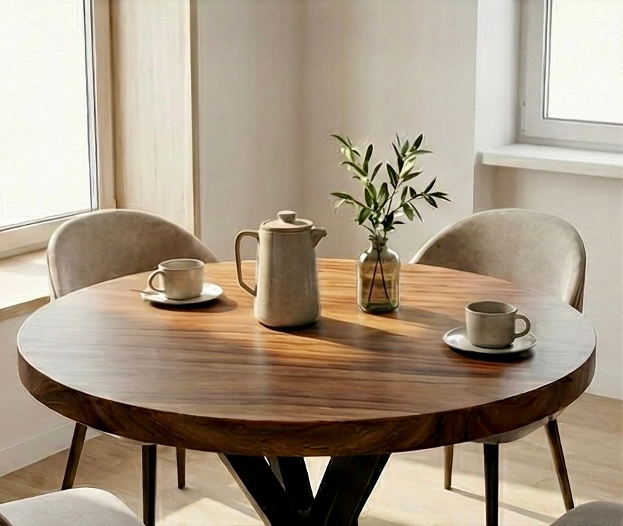 Limited time sale on the Slice Slab Walnut/Saman Tree Natural Wooden Dining Table Featuring Metal Legs: Elevate Your Room's Aesthetic with Elegant Rustic Style Furniture