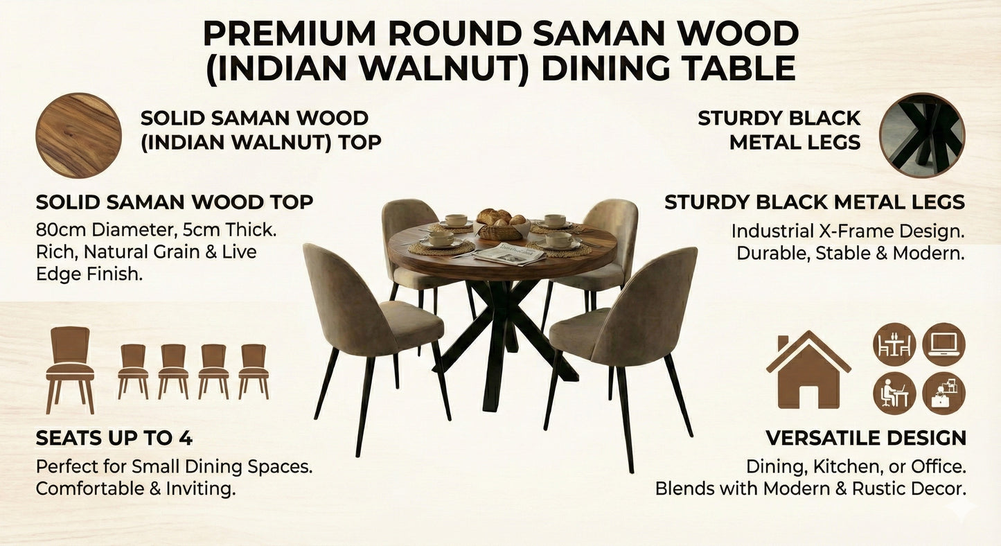Limited time sale on the Slice Slab Walnut/Saman Tree Natural Wooden Dining Table Featuring Metal Legs: Elevate Your Room's Aesthetic with Elegant Rustic Style Furniture