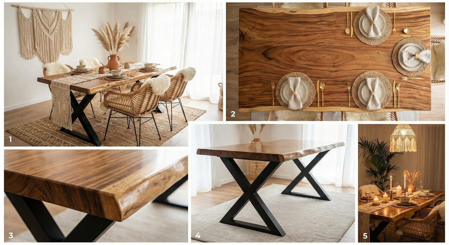 Limited time sale on the Large Live Edge Natural Wood Dining Table - Walnut Wood with PU Finish, Black Metal Legs - Ideal for Home or Restaurant