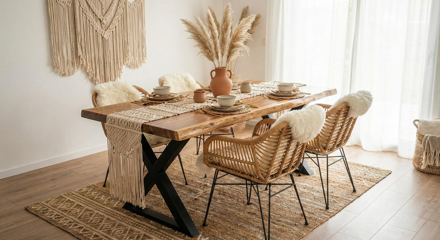 Limited time sale on the Large Live Edge Natural Wood Dining Table - Walnut Wood with PU Finish, Black Metal Legs - Ideal for Home or Restaurant