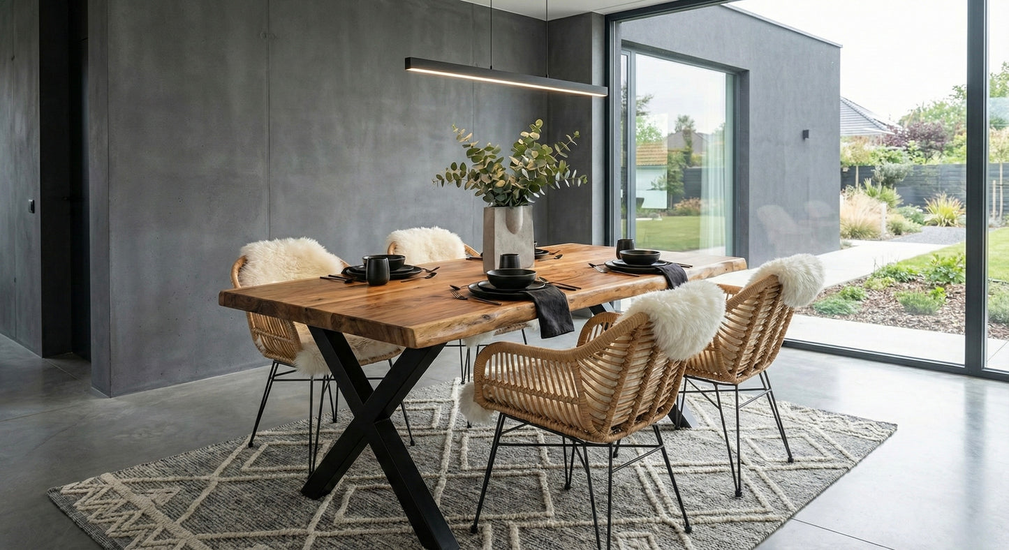 Limited time sale on the Large Live Edge Natural Wood Dining Table - Walnut Wood with PU Finish, Black Metal Legs - Ideal for Home or Restaurant