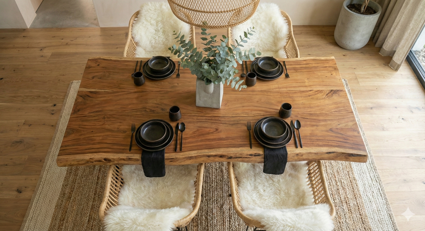 Limited time sale on the Large Live Edge Natural Wood Dining Table - Walnut Wood with PU Finish, Black Metal Legs - Ideal for Home or Restaurant