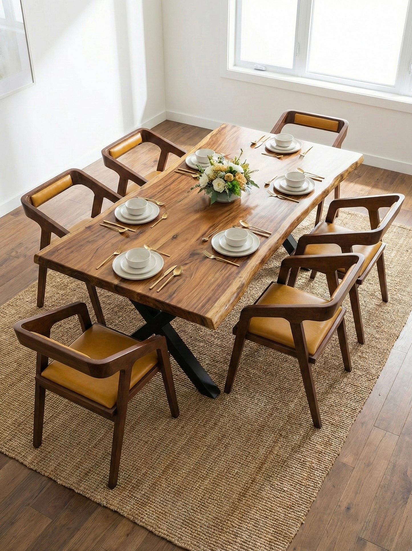 Limited time sale on the Large Live Edge Natural Wood Dining Table - Walnut Wood with PU Finish, Black Metal Legs - Ideal for Home or Restaurant