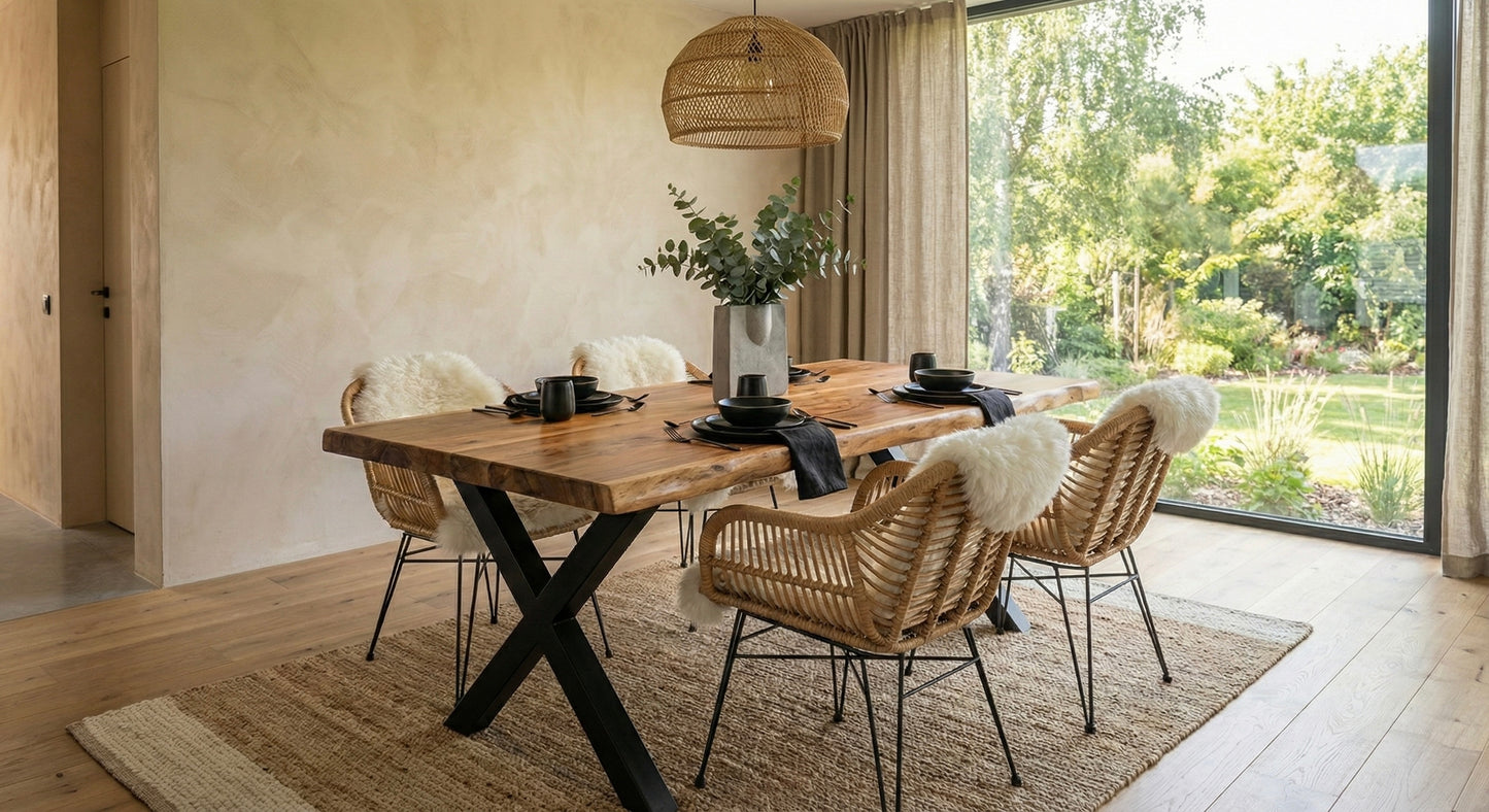 Limited time sale on the Large Live Edge Natural Wood Dining Table - Walnut Wood with PU Finish, Black Metal Legs - Ideal for Home or Restaurant