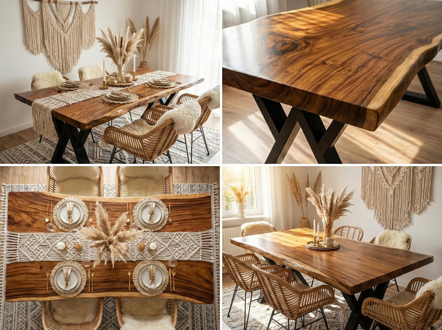 Limited time sale on the Large Live Edge Natural Wood Dining Table - Walnut Wood with PU Finish, Black Metal Legs - Ideal for Home or Restaurant