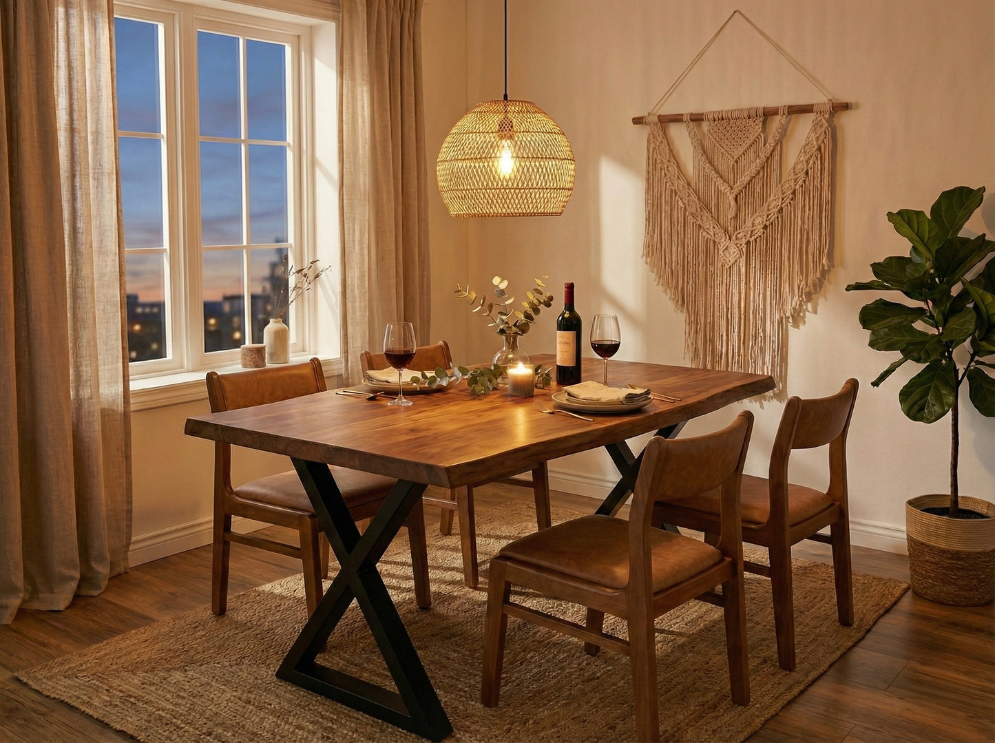 Limited time sale on the Large Live Edge Natural Wood Dining Table - Walnut Wood with PU Finish, Black Metal Legs - Ideal for Home or Restaurant